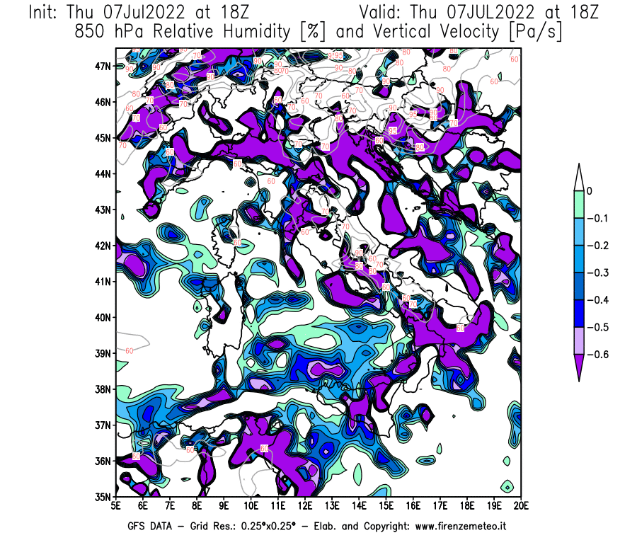 GFS analysi map - Relative Umidity [%] and Omega [Pa/s] at 850 hPa in Italy
									on 07/07/2022 18 <!--googleoff: index-->UTC<!--googleon: index-->