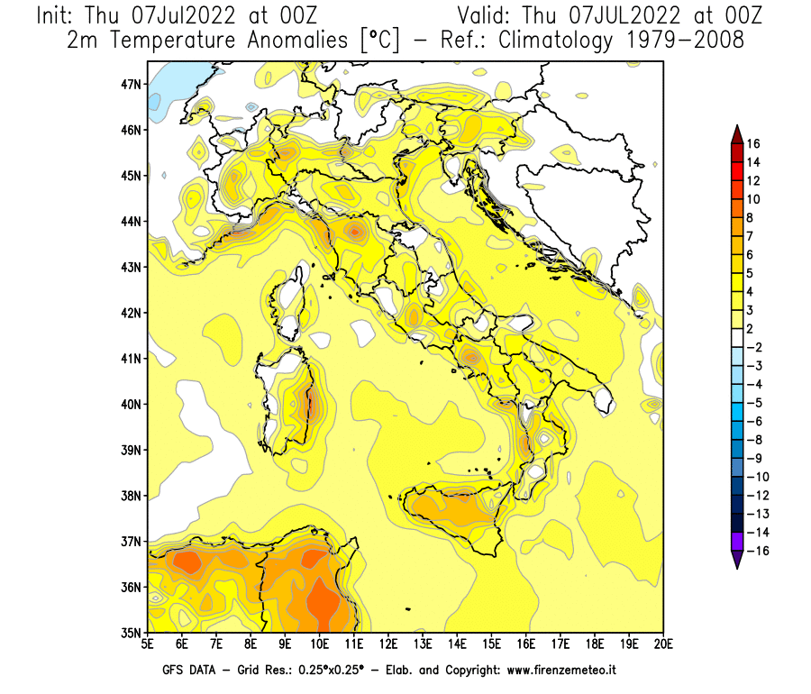 GFS analysi map - Temperature Anomalies [°C] at 2 m in Italy
									on 07/07/2022 00 <!--googleoff: index-->UTC<!--googleon: index-->