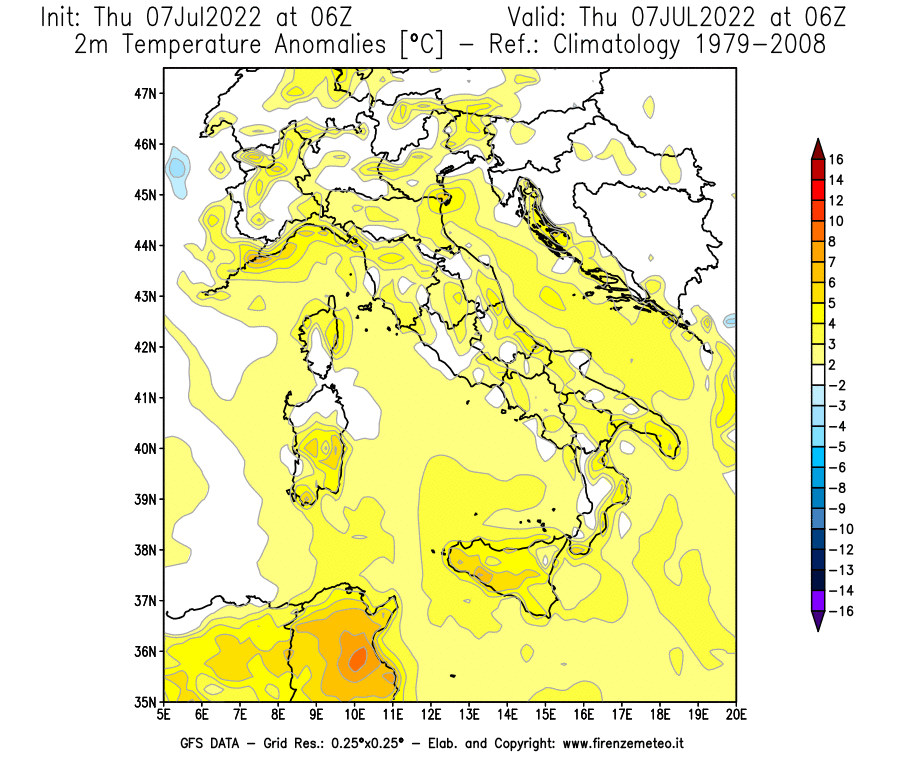 GFS analysi map - Temperature Anomalies [°C] at 2 m in Italy
									on 07/07/2022 06 <!--googleoff: index-->UTC<!--googleon: index-->