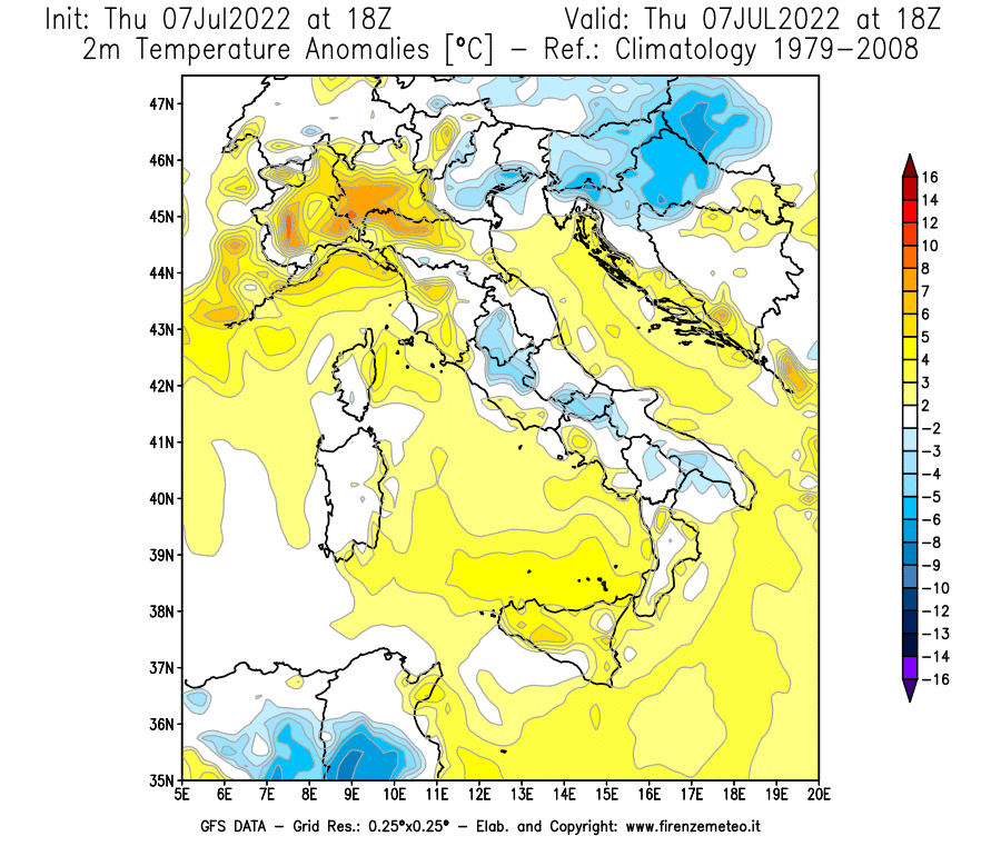 GFS analysi map - Temperature Anomalies [°C] at 2 m in Italy
									on 07/07/2022 18 <!--googleoff: index-->UTC<!--googleon: index-->