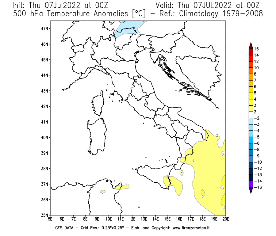GFS analysi map - Temperature Anomalies [°C] at 500 hPa in Italy
									on 07/07/2022 00 <!--googleoff: index-->UTC<!--googleon: index-->