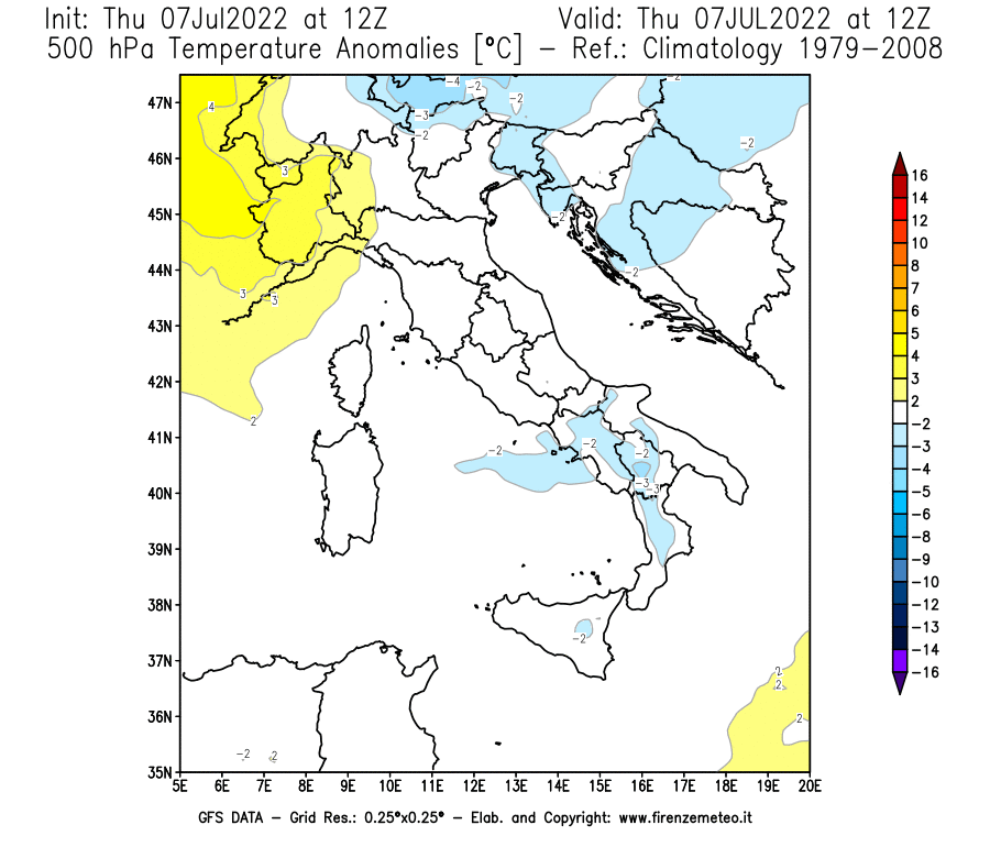 GFS analysi map - Temperature Anomalies [°C] at 500 hPa in Italy
									on 07/07/2022 12 <!--googleoff: index-->UTC<!--googleon: index-->