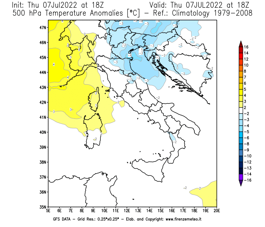 GFS analysi map - Temperature Anomalies [°C] at 500 hPa in Italy
									on 07/07/2022 18 <!--googleoff: index-->UTC<!--googleon: index-->