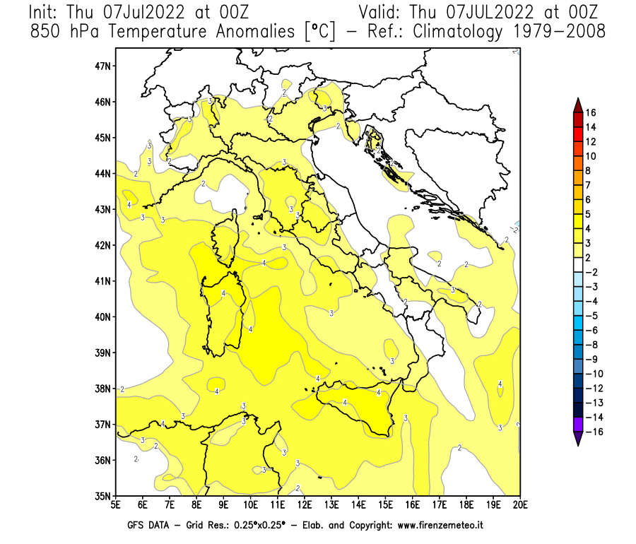 GFS analysi map - Temperature Anomalies [°C] at 850 hPa in Italy
									on 07/07/2022 00 <!--googleoff: index-->UTC<!--googleon: index-->