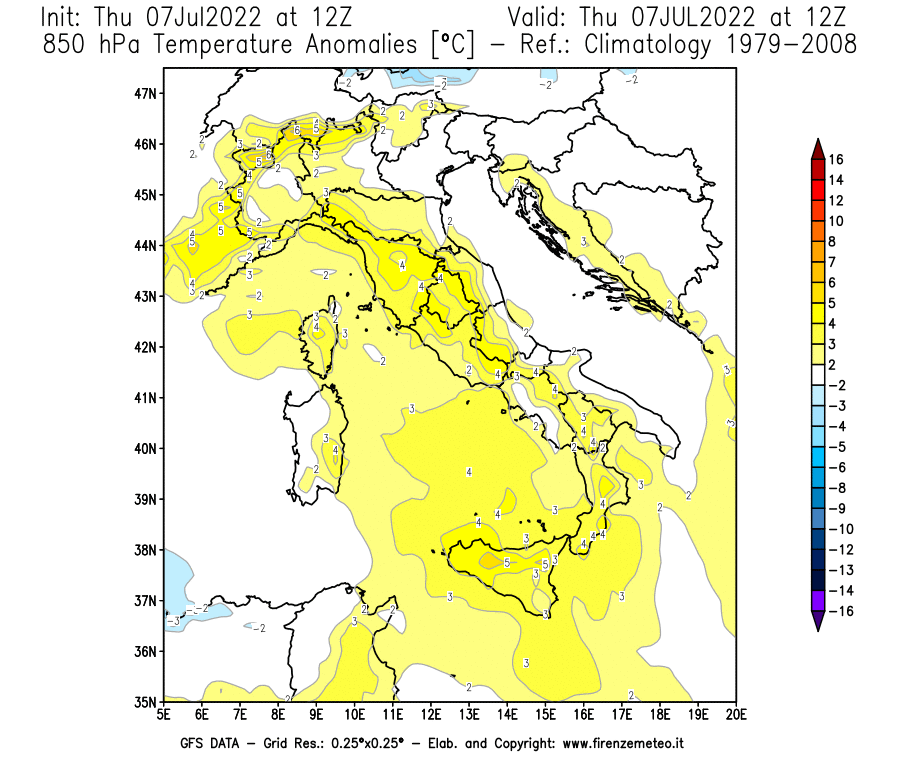 GFS analysi map - Temperature Anomalies [°C] at 850 hPa in Italy
									on 07/07/2022 12 <!--googleoff: index-->UTC<!--googleon: index-->