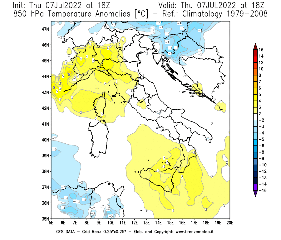GFS analysi map - Temperature Anomalies [°C] at 850 hPa in Italy
									on 07/07/2022 18 <!--googleoff: index-->UTC<!--googleon: index-->