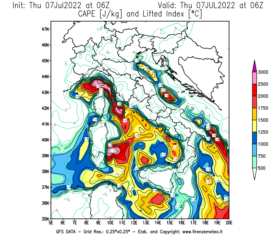 GFS analysi map - CAPE [J/kg] and Lifted Index [°C] in Italy
									on 07/07/2022 06 <!--googleoff: index-->UTC<!--googleon: index-->