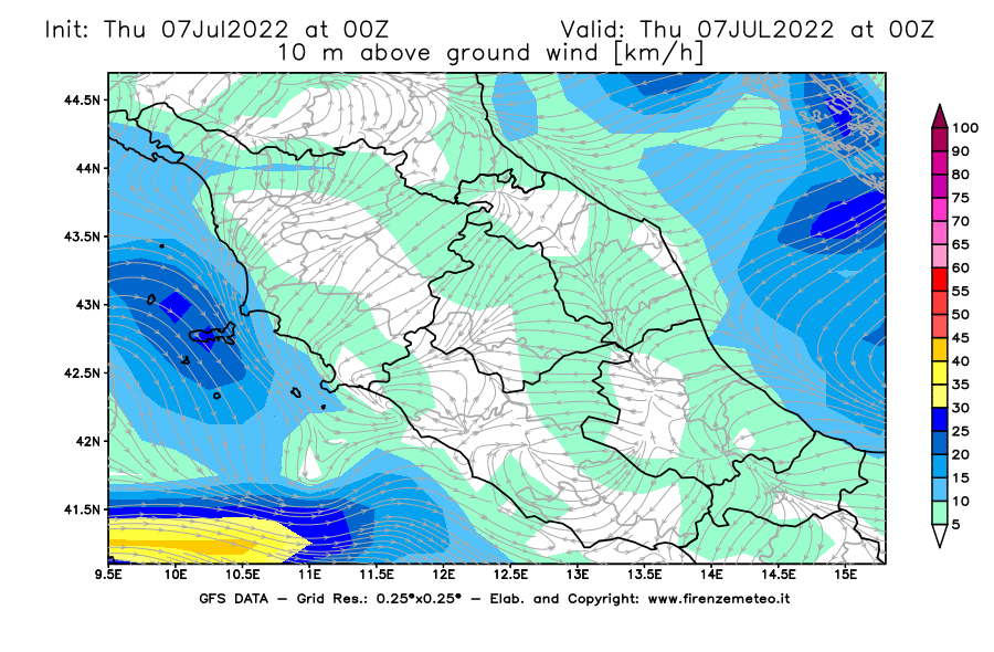 GFS analysi map - Wind Speed at 10 m above ground [km/h] in Central Italy
									on 07/07/2022 00 <!--googleoff: index-->UTC<!--googleon: index-->
