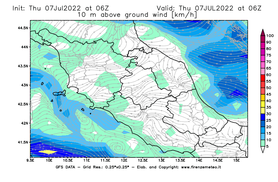 GFS analysi map - Wind Speed at 10 m above ground [km/h] in Central Italy
									on 07/07/2022 06 <!--googleoff: index-->UTC<!--googleon: index-->