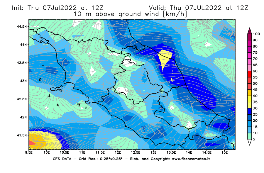 GFS analysi map - Wind Speed at 10 m above ground [km/h] in Central Italy
									on 07/07/2022 12 <!--googleoff: index-->UTC<!--googleon: index-->