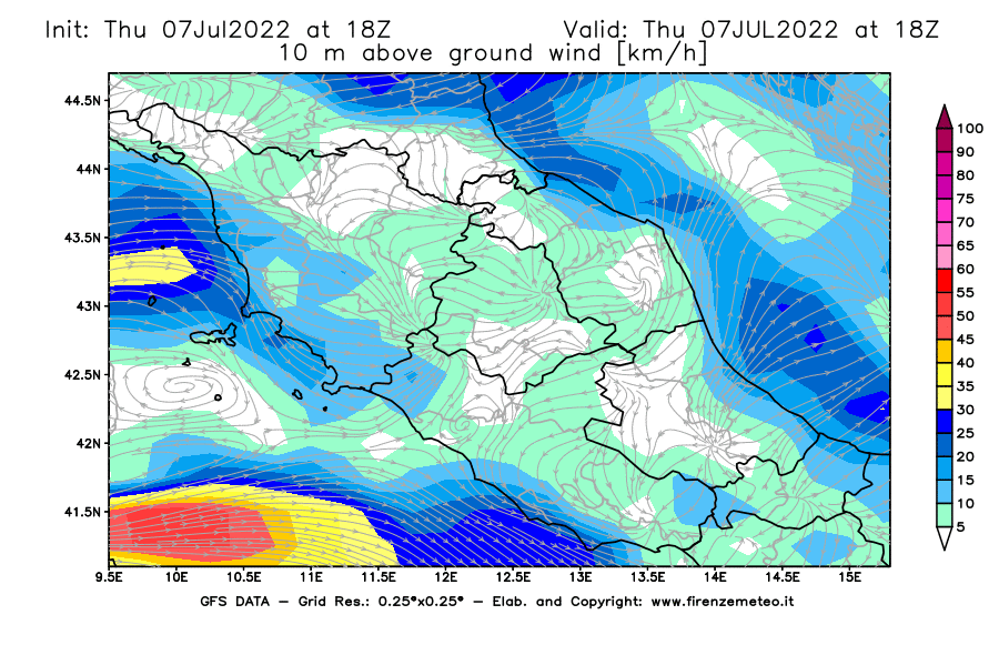 GFS analysi map - Wind Speed at 10 m above ground [km/h] in Central Italy
									on 07/07/2022 18 <!--googleoff: index-->UTC<!--googleon: index-->