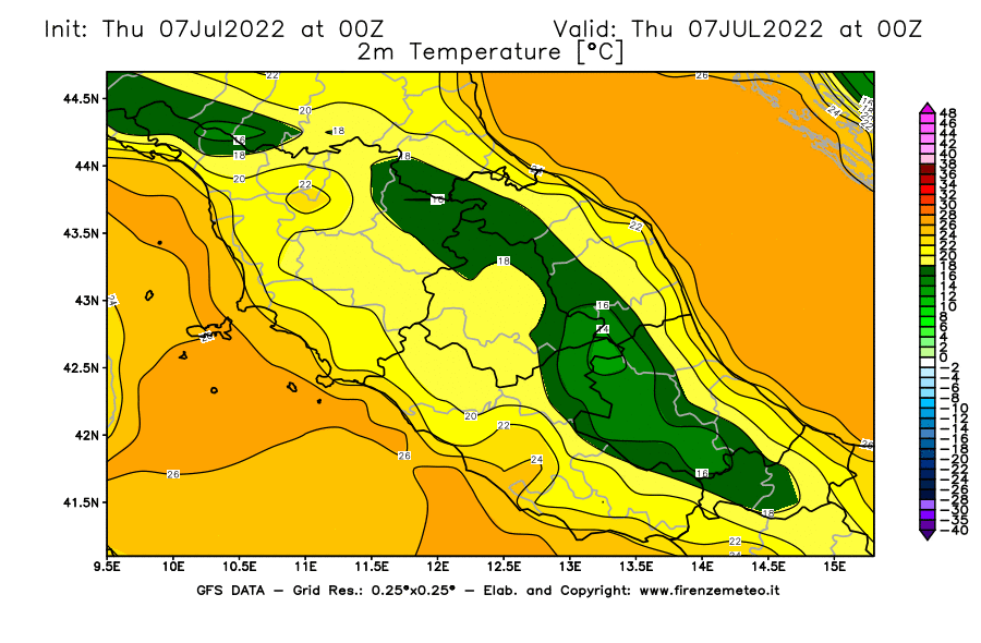 GFS analysi map - Temperature at 2 m above ground [°C] in Central Italy
									on 07/07/2022 00 <!--googleoff: index-->UTC<!--googleon: index-->