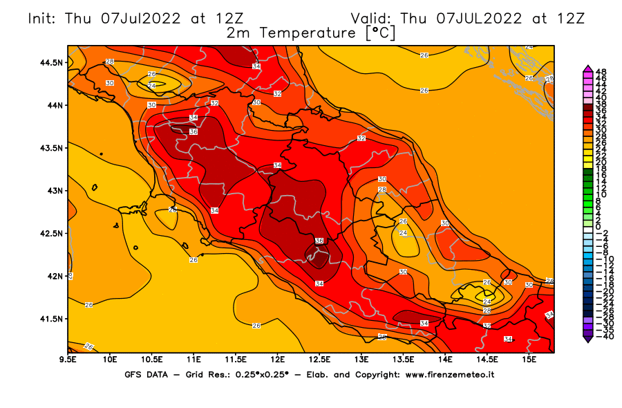 GFS analysi map - Temperature at 2 m above ground [°C] in Central Italy
									on 07/07/2022 12 <!--googleoff: index-->UTC<!--googleon: index-->