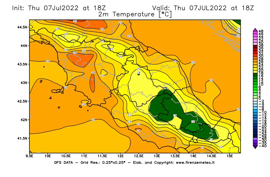 GFS analysi map - Temperature at 2 m above ground [°C] in Central Italy
									on 07/07/2022 18 <!--googleoff: index-->UTC<!--googleon: index-->