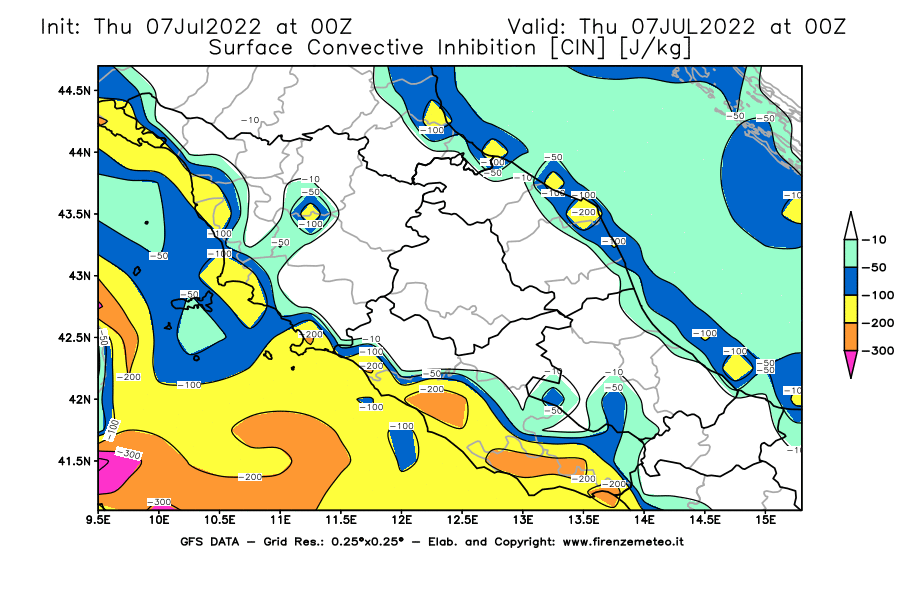 GFS analysi map - CIN [J/kg] in Central Italy
									on 07/07/2022 00 <!--googleoff: index-->UTC<!--googleon: index-->