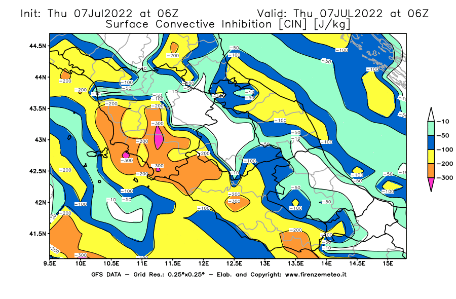 GFS analysi map - CIN [J/kg] in Central Italy
									on 07/07/2022 06 <!--googleoff: index-->UTC<!--googleon: index-->