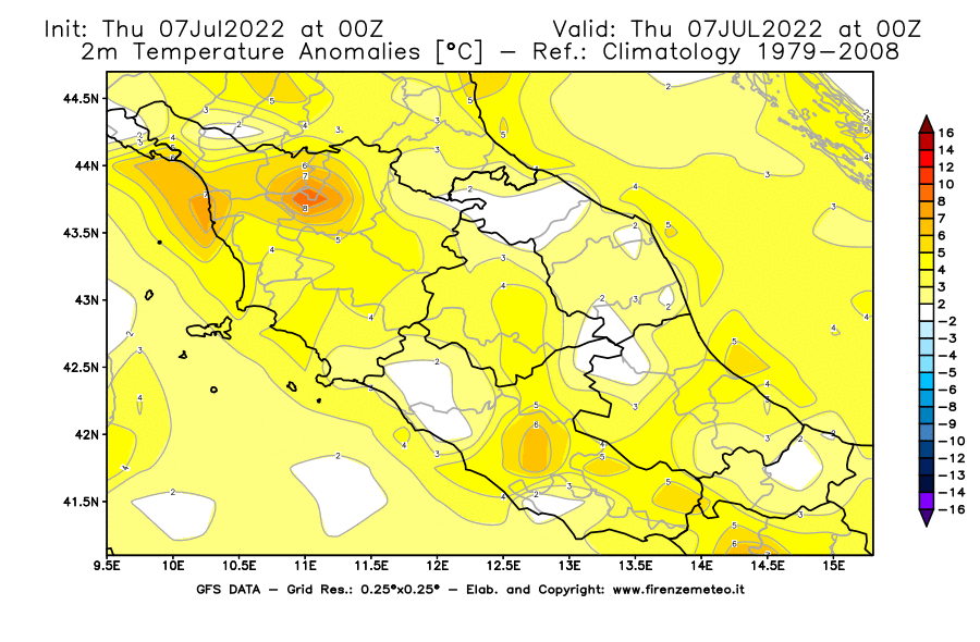 GFS analysi map - Temperature Anomalies [°C] at 2 m in Central Italy
									on 07/07/2022 00 <!--googleoff: index-->UTC<!--googleon: index-->