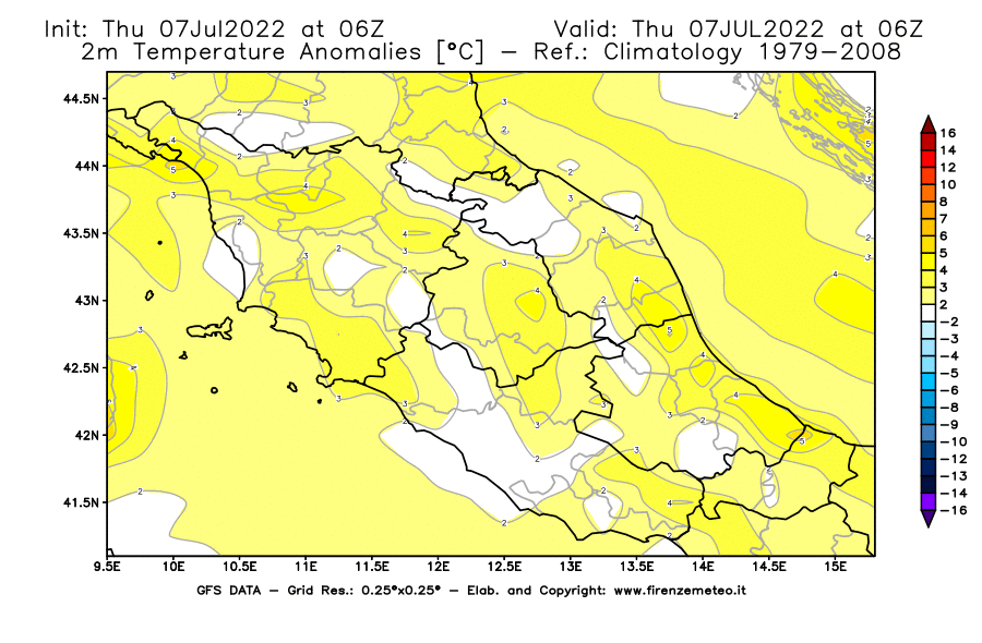 GFS analysi map - Temperature Anomalies [°C] at 2 m in Central Italy
									on 07/07/2022 06 <!--googleoff: index-->UTC<!--googleon: index-->