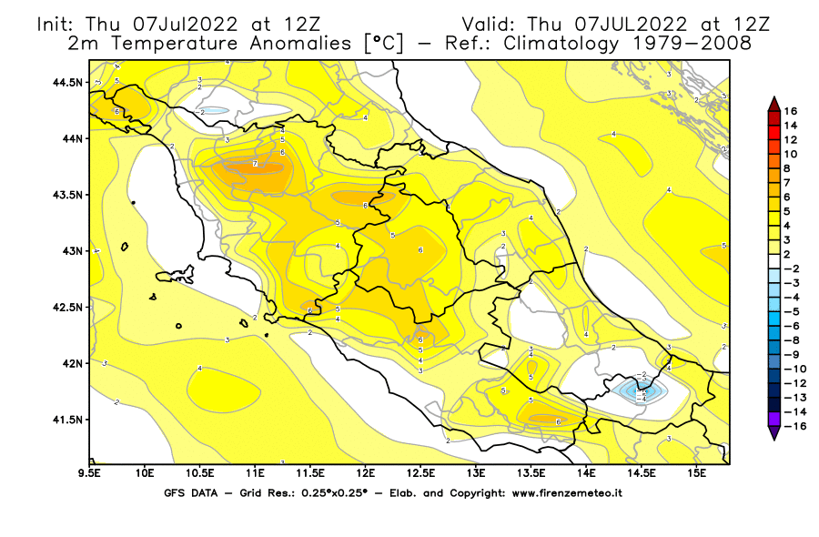 GFS analysi map - Temperature Anomalies [°C] at 2 m in Central Italy
									on 07/07/2022 12 <!--googleoff: index-->UTC<!--googleon: index-->