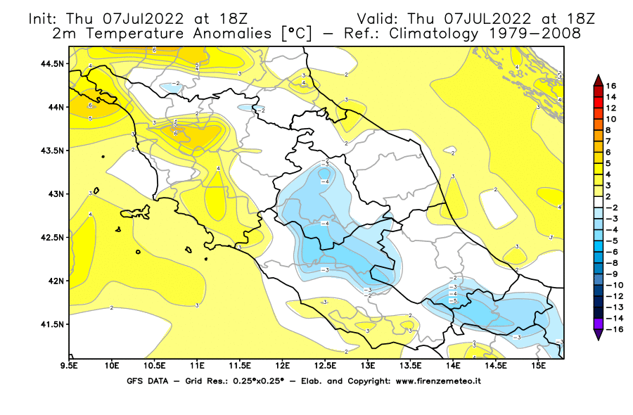 GFS analysi map - Temperature Anomalies [°C] at 2 m in Central Italy
									on 07/07/2022 18 <!--googleoff: index-->UTC<!--googleon: index-->