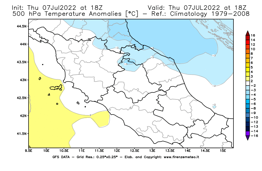 GFS analysi map - Temperature Anomalies [°C] at 500 hPa in Central Italy
									on 07/07/2022 18 <!--googleoff: index-->UTC<!--googleon: index-->