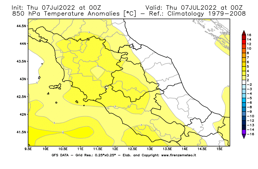 GFS analysi map - Temperature Anomalies [°C] at 850 hPa in Central Italy
									on 07/07/2022 00 <!--googleoff: index-->UTC<!--googleon: index-->
