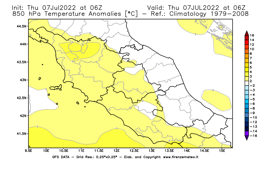 GFS analysi map - Temperature Anomalies [°C] at 850 hPa in Central Italy
									on 07/07/2022 06 <!--googleoff: index-->UTC<!--googleon: index-->