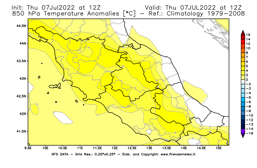 GFS analysi map - Temperature Anomalies [°C] at 850 hPa in Central Italy
									on 07/07/2022 12 <!--googleoff: index-->UTC<!--googleon: index-->