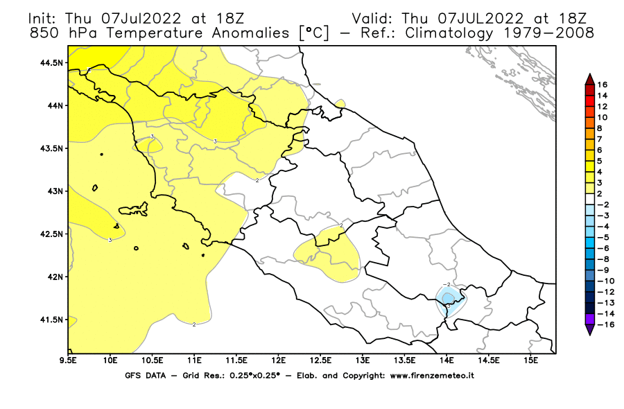 GFS analysi map - Temperature Anomalies [°C] at 850 hPa in Central Italy
									on 07/07/2022 18 <!--googleoff: index-->UTC<!--googleon: index-->