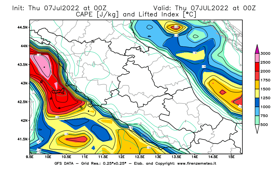 GFS analysi map - CAPE [J/kg] and Lifted Index [°C] in Central Italy
									on 07/07/2022 00 <!--googleoff: index-->UTC<!--googleon: index-->