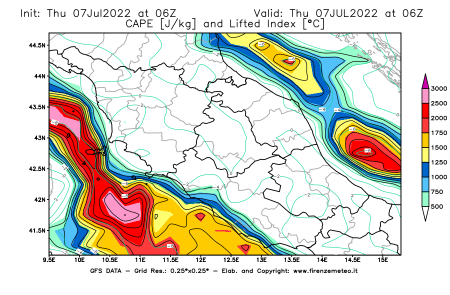 GFS analysi map - CAPE [J/kg] and Lifted Index [°C] in Central Italy
									on 07/07/2022 06 <!--googleoff: index-->UTC<!--googleon: index-->