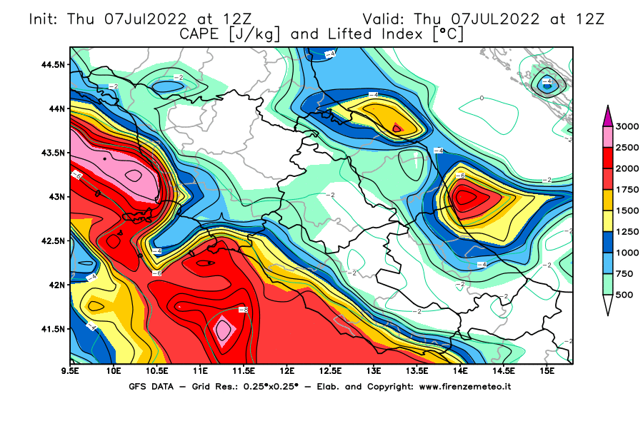 GFS analysi map - CAPE [J/kg] and Lifted Index [°C] in Central Italy
									on 07/07/2022 12 <!--googleoff: index-->UTC<!--googleon: index-->