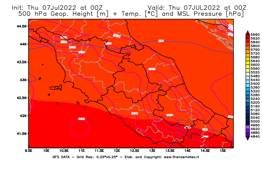 GFS analysi map - Geopotential [m] + Temp. [°C] at 500 hPa + Sea Level Pressure [hPa] in Central Italy
									on 07/07/2022 00 <!--googleoff: index-->UTC<!--googleon: index-->