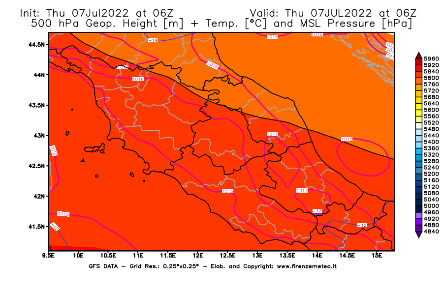 GFS analysi map - Geopotential [m] + Temp. [°C] at 500 hPa + Sea Level Pressure [hPa] in Central Italy
									on 07/07/2022 06 <!--googleoff: index-->UTC<!--googleon: index-->