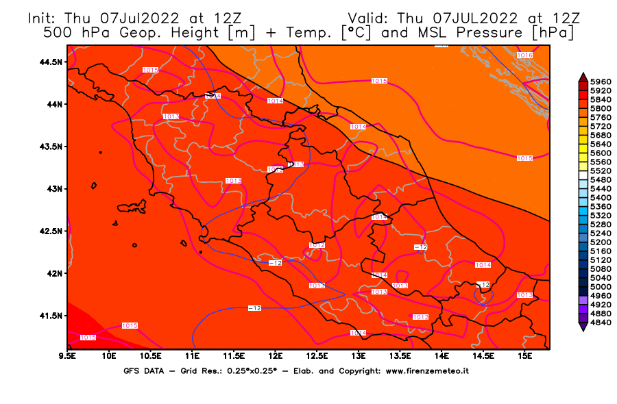 GFS analysi map - Geopotential [m] + Temp. [°C] at 500 hPa + Sea Level Pressure [hPa] in Central Italy
									on 07/07/2022 12 <!--googleoff: index-->UTC<!--googleon: index-->
