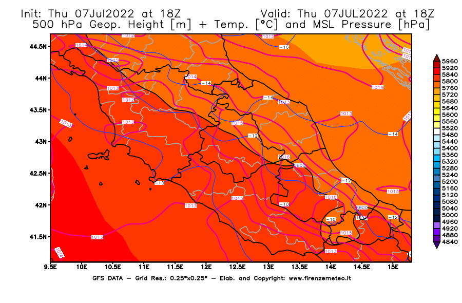GFS analysi map - Geopotential [m] + Temp. [°C] at 500 hPa + Sea Level Pressure [hPa] in Central Italy
									on 07/07/2022 18 <!--googleoff: index-->UTC<!--googleon: index-->
