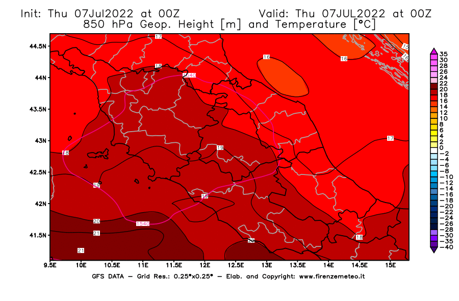 GFS analysi map - Geopotential [m] and Temperature [°C] at 850 hPa in Central Italy
									on 07/07/2022 00 <!--googleoff: index-->UTC<!--googleon: index-->