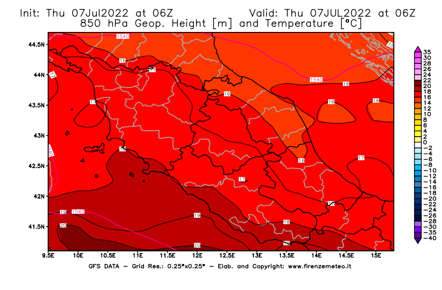 GFS analysi map - Geopotential [m] and Temperature [°C] at 850 hPa in Central Italy
									on 07/07/2022 06 <!--googleoff: index-->UTC<!--googleon: index-->