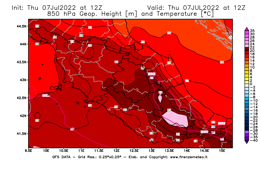 GFS analysi map - Geopotential [m] and Temperature [°C] at 850 hPa in Central Italy
									on 07/07/2022 12 <!--googleoff: index-->UTC<!--googleon: index-->
