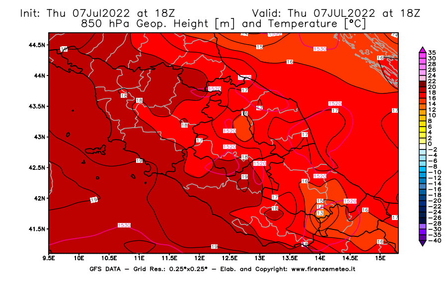 GFS analysi map - Geopotential [m] and Temperature [°C] at 850 hPa in Central Italy
									on 07/07/2022 18 <!--googleoff: index-->UTC<!--googleon: index-->