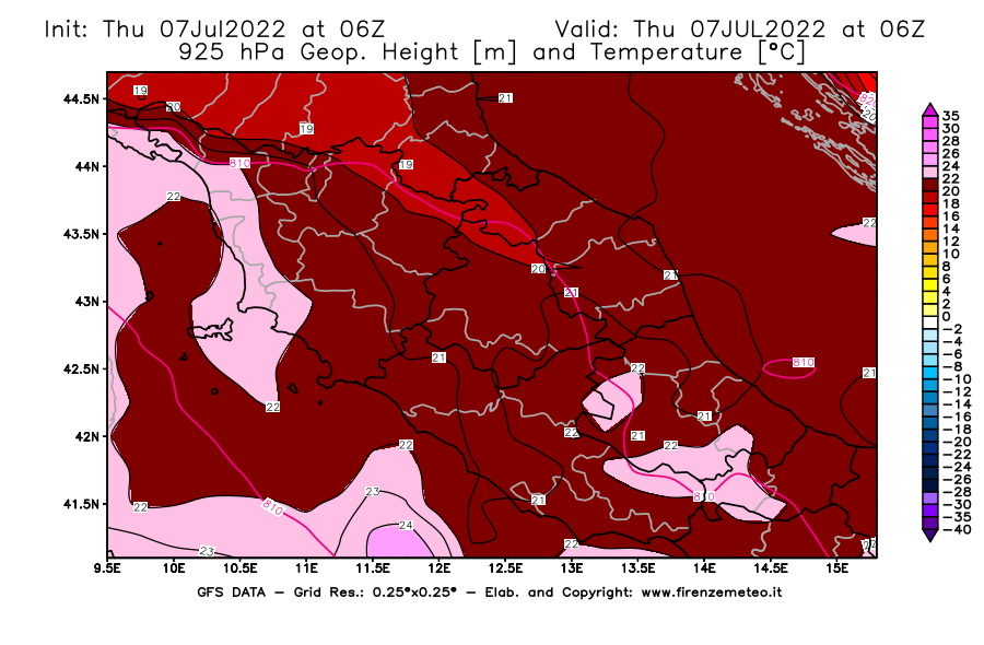 GFS analysi map - Geopotential [m] and Temperature [°C] at 925 hPa in Central Italy
									on 07/07/2022 06 <!--googleoff: index-->UTC<!--googleon: index-->