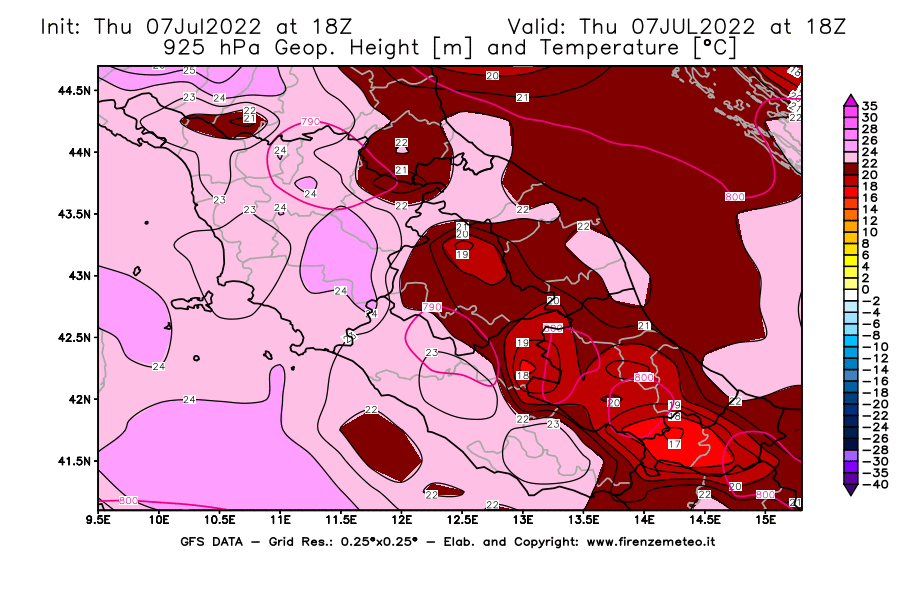 GFS analysi map - Geopotential [m] and Temperature [°C] at 925 hPa in Central Italy
									on 07/07/2022 18 <!--googleoff: index-->UTC<!--googleon: index-->
