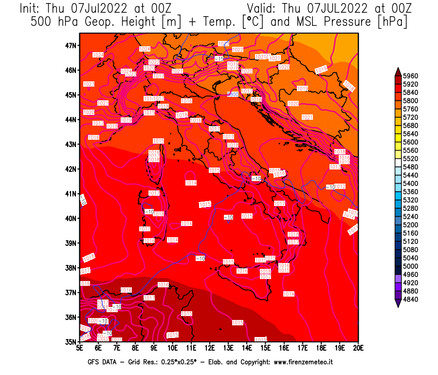 GFS analysi map - Geopotential [m] + Temp. [°C] at 500 hPa + Sea Level Pressure [hPa] in Italy
									on 07/07/2022 00 <!--googleoff: index-->UTC<!--googleon: index-->