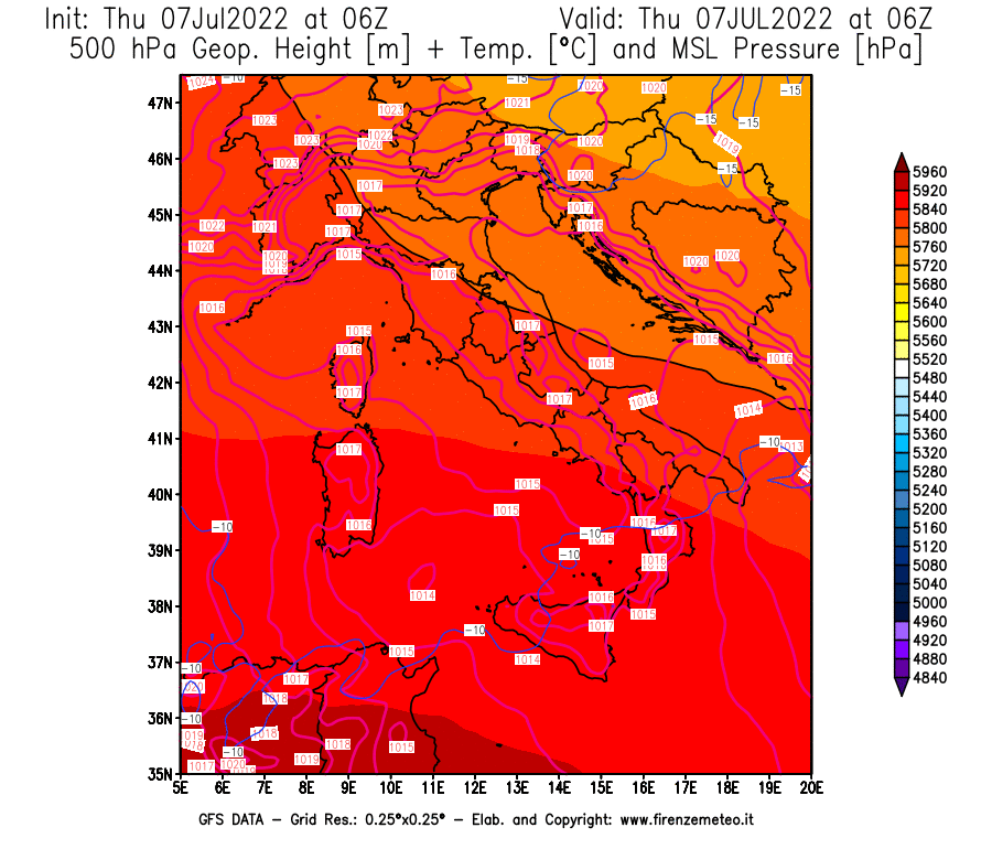 GFS analysi map - Geopotential [m] + Temp. [°C] at 500 hPa + Sea Level Pressure [hPa] in Italy
									on 07/07/2022 06 <!--googleoff: index-->UTC<!--googleon: index-->