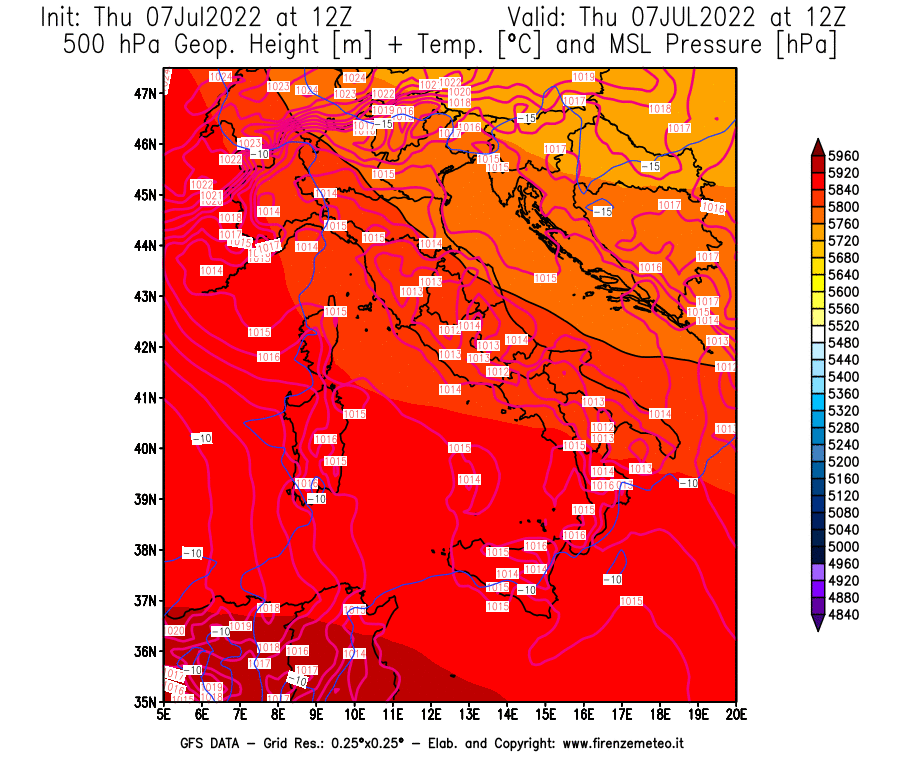 GFS analysi map - Geopotential [m] + Temp. [°C] at 500 hPa + Sea Level Pressure [hPa] in Italy
									on 07/07/2022 12 <!--googleoff: index-->UTC<!--googleon: index-->