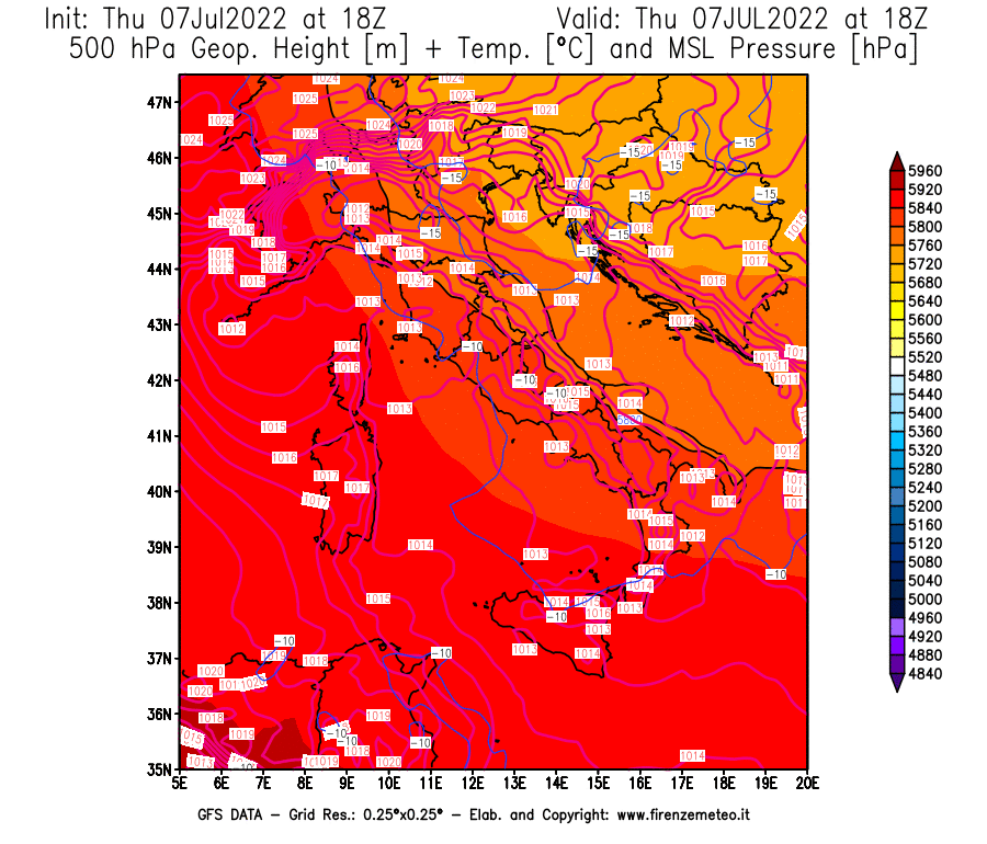 GFS analysi map - Geopotential [m] + Temp. [°C] at 500 hPa + Sea Level Pressure [hPa] in Italy
									on 07/07/2022 18 <!--googleoff: index-->UTC<!--googleon: index-->