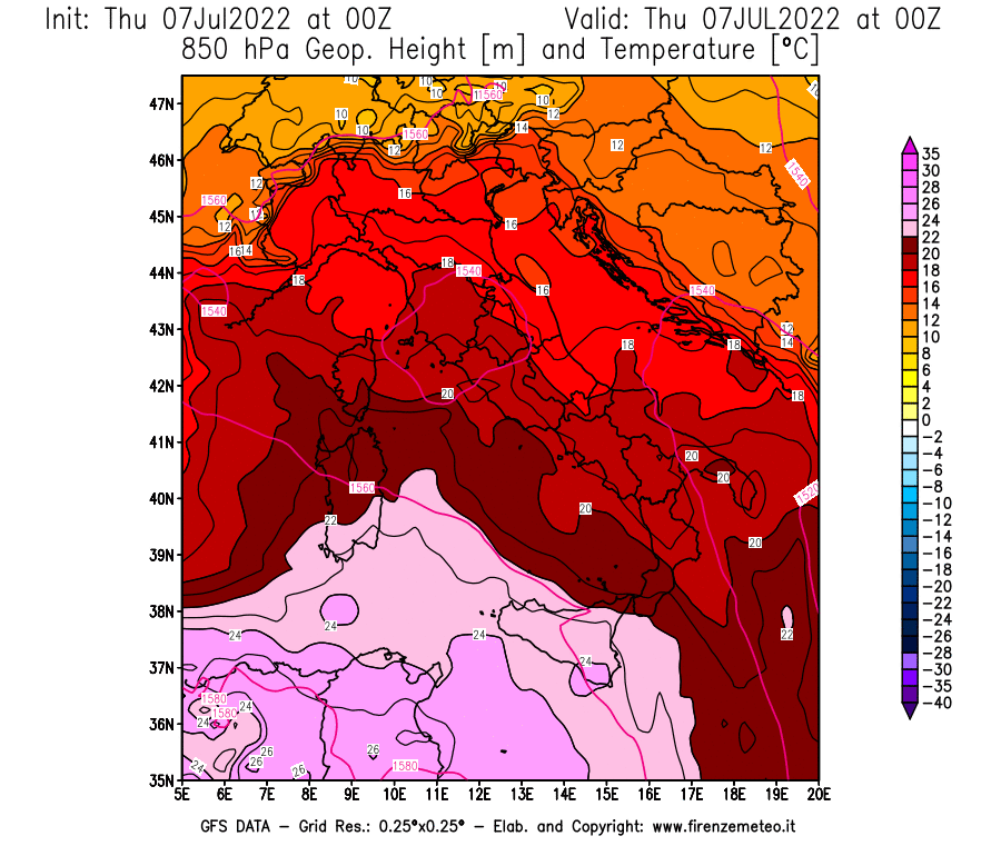 GFS analysi map - Geopotential [m] and Temperature [°C] at 850 hPa in Italy
									on 07/07/2022 00 <!--googleoff: index-->UTC<!--googleon: index-->