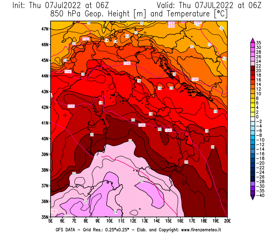 GFS analysi map - Geopotential [m] and Temperature [°C] at 850 hPa in Italy
									on 07/07/2022 06 <!--googleoff: index-->UTC<!--googleon: index-->