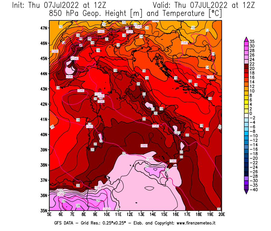 GFS analysi map - Geopotential [m] and Temperature [°C] at 850 hPa in Italy
									on 07/07/2022 12 <!--googleoff: index-->UTC<!--googleon: index-->