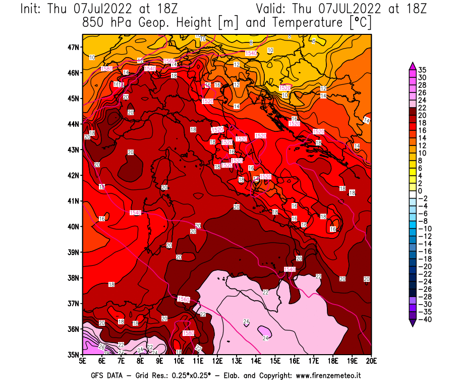 GFS analysi map - Geopotential [m] and Temperature [°C] at 850 hPa in Italy
									on 07/07/2022 18 <!--googleoff: index-->UTC<!--googleon: index-->